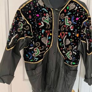 Bling-Gently WornEmbellished Black Leather Jacket